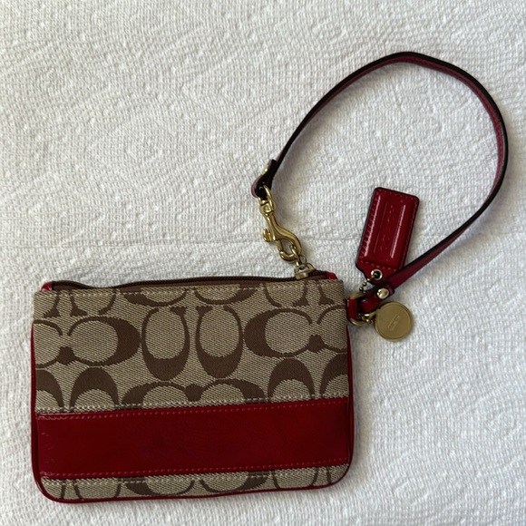 Coach Signature Brown Jacquard Red Patent Leather Wristlet - Picture 2 of 4